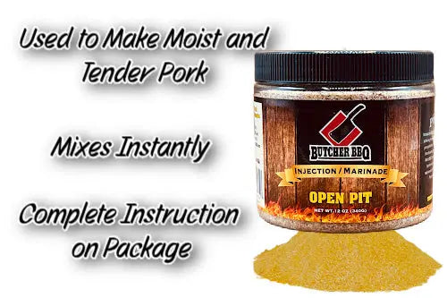 jar of open pit pork injection from Butcher BBQ with text 