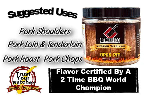 jar of open pit pork injection from Butcher BBQ with text on suggested use