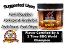 jar of open pit pork injection from Butcher BBQ with text on suggested use