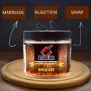 Butcher BBQ Open Pit marinade jar on a wooden board with text labels 'Marinade', 'Injection', and 'Wrap'.