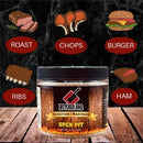 Butcher BBQ Open Pit injection marinade jar with illustrated meat types on a dark background