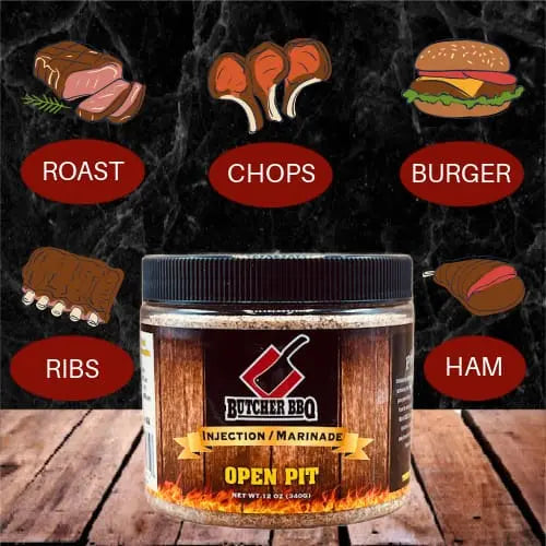 Butcher BBQ Open Pit injection marinade jar with illustrated meat types on a dark background