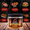 Butcher BBQ Open Pit injection marinade jar with illustrated meat types on a dark background