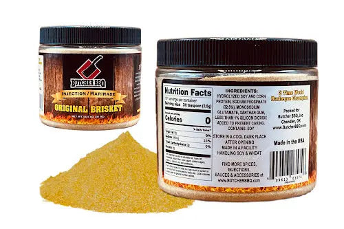 Two jars of Butcher BBQ Original Brisket seasoning with a small pile of seasoning on a white background.