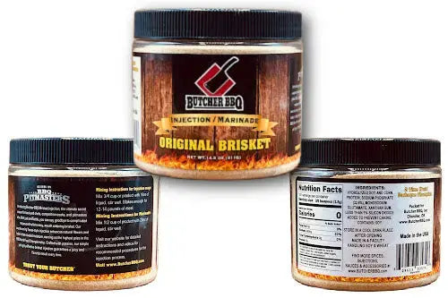 Three jars of Butcher BBQ Original Brisket Injection Marinade on a white background