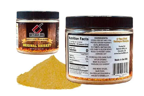 Two jars of Butcher BBQ Original Brisket seasoning with a small pile of seasoning on a white background.