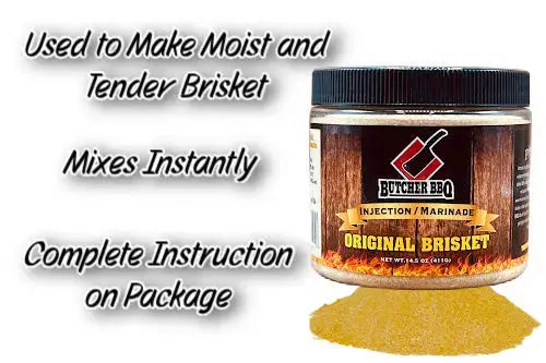Butcher BBQ Original Brisket seasoning jar with text on a white background