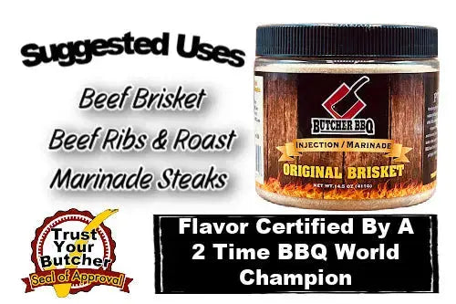 Butcher BBQ Original Brisket marinade jar with suggested uses and certification details on a white background