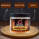 Butcher BBQ Original Beef marinade jar on a wooden board with text labels 'Marinade', 'Injection', and 'Wrap'.