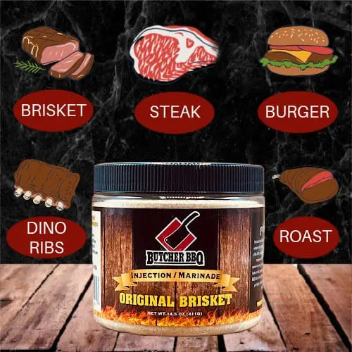 Butcher BBQ Original Beef injection marinade jar with illustrated meat types on a dark background