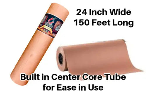 Two rolls of brown paper with text indicating width, length, and feature on a white background