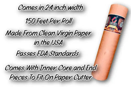 Roll of paper with text about its specifications and features on a white background