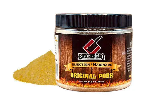 Butcher BBQ Original Pork Injection Marinade jar with a small amount of yellow powder on a white background
