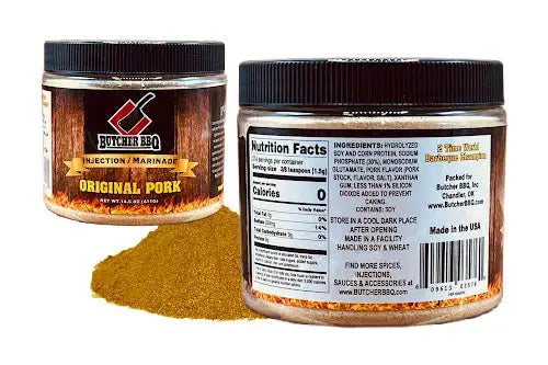 Two jars of Butcher BBQ Original Pork seasoning with visible labels and ingredients.