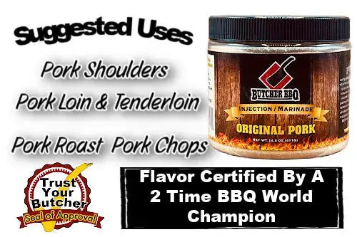 Butcher BBQ injection marinade container with suggested uses and certification details on a white background