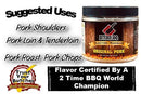 Butcher BBQ injection marinade container with suggested uses and certification details on a white background
