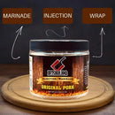 Butcher BBQ Pork. Injection marinade jar on a wooden board with text labels 'Marinade', 'Injection', and 'Wrap'.