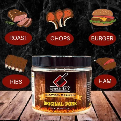 Butcher BBQ injection marinade jar with cooking methods illustrated on a dark background