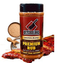 Butcher BBQ Premium Rub jar with barbecue ribs and seasoning on a white background