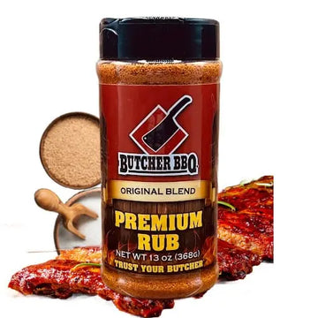 Butcher BBQ Premium Rub jar with barbecue ribs and seasoning on a white background