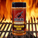 Butcher BBQ premium rub jar on a grill with flames in the background