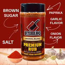 Butcher BBQ Premium Rub bottle with flavor ingredients labeled on a red background