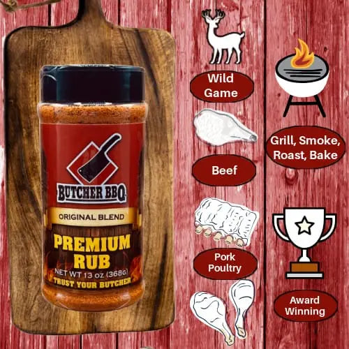 Butcher BBQ premium rub bottle on a wooden cutting board with meat and grill icons on a red background