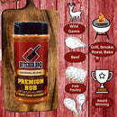 Butcher BBQ premium rub bottle on a wooden cutting board with meat and grill icons on a red background