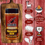 Butcher BBQ premium rub bottle on a wooden cutting board with meat and grill icons on a red background