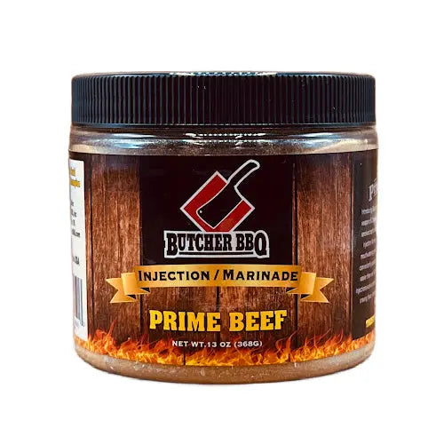 Jar of Butcher BBQ Prime Beef injection marinade on a white background