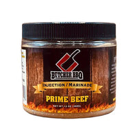 Jar of Butcher BBQ Prime Beef injection marinade on a white background