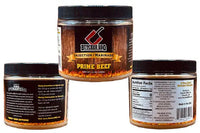 Butcher BBQ Prime Beef injection marinade jar with labels on a white background