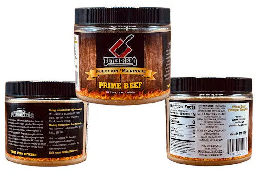 Butcher BBQ Prime Beef injection marinade jar with labels on a white background