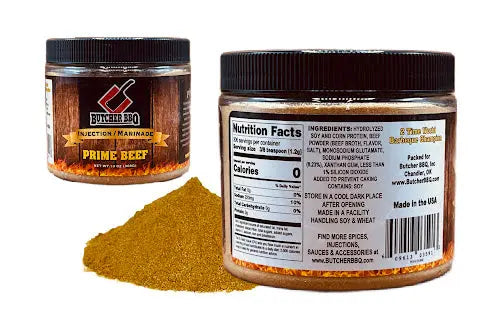 Two containers of a butcher bbq prime beef injection blend with visible labels on a white background