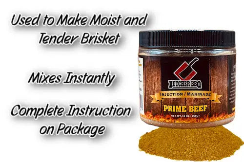 Butcher BBQ Prime Beef injection marinade jar with text on a white background