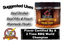 Butcher BBQ Prime Beef marinade jar with suggested uses and certification details on a white background
