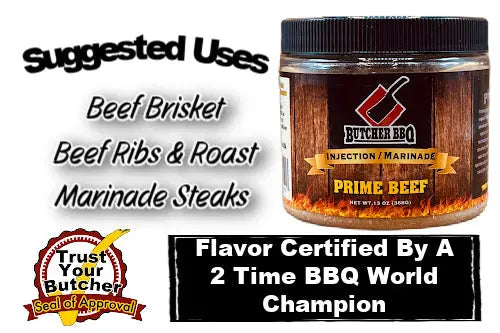 Butcher BBQ Prime Beef marinade jar with suggested uses and certification details on a white background