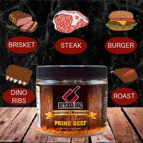 Butcher BBQ Prime Beef injection marinade jar with illustrated meat types on a dark background