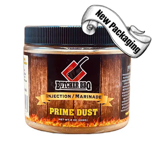 Butcher BBQ Prime Dust jar with 'New Packaging' label on a white background