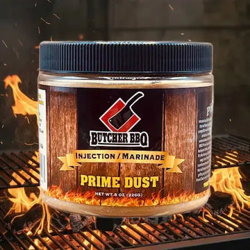 Butcher BBQ Original Pork injection marinade jar on a grill with flames