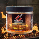 Butcher BBQ Original Pork injection marinade jar on a grill with flames