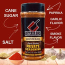 Butcher BBQ Private Seasoning bottle with flavor ingredients listed on a red background