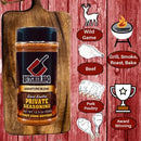Butcher BBQ seasoning bottle on a wooden cutting board with graphic illustrations on a red background