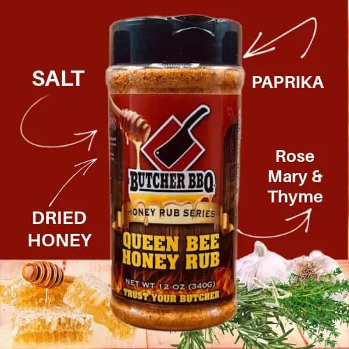 Butcher BBQ Queen Bee Honey Rub jar with ingredients labeled on a red background