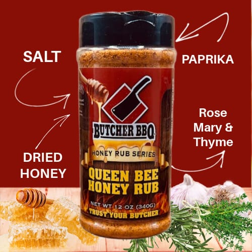 Butcher BBQ Queen Bee Honey Rub jar with ingredients labeled on a red background
