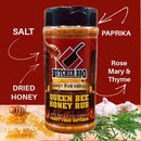 Butcher BBQ Queen Bee Honey Rub jar with ingredients labeled on a red background
