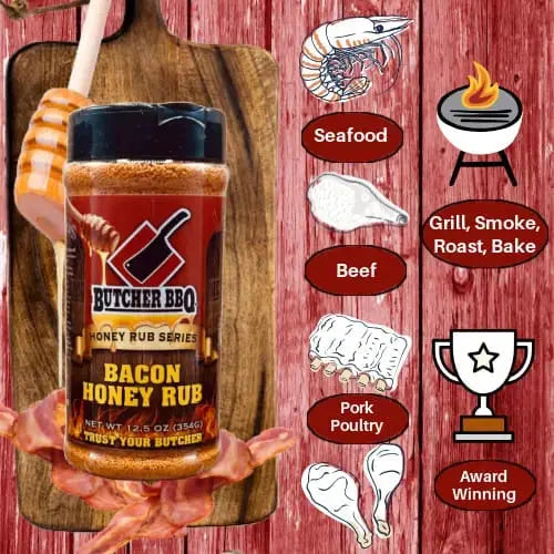 Butcher BBQ Bacon Honey Rub container with cooking-related illustrations on a wooden background