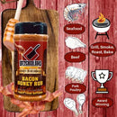 Butcher BBQ Bacon Honey Rub container with cooking-related illustrations on a wooden background