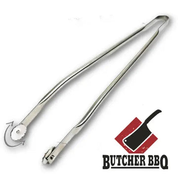 Metallic tongs with a Butcher BBQ logo on a white background