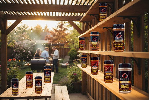 Outdoor setting with shelves displaying bottles of a product, people in the background.